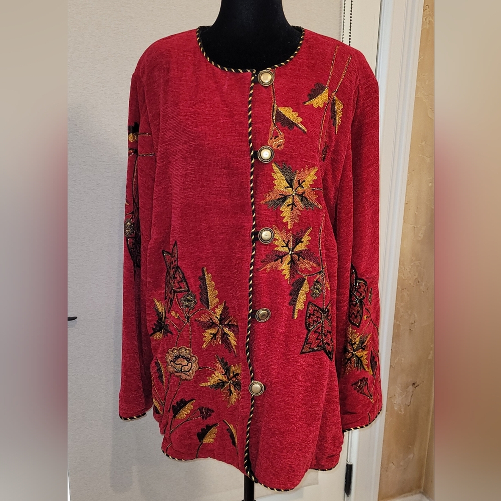 Vintage, Women's Embroidered Red Floral Sweater Jacket Loop Buttons. Size 1X